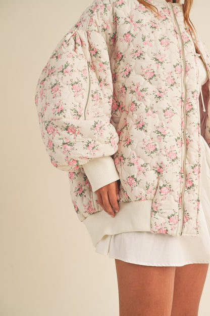 In Bloom Floral Quilted Oversized Bomber Jacket