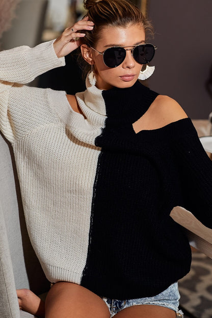 Yin & Yang Open Shoulder Turtleneck Knit Sweater - Ivory/Black