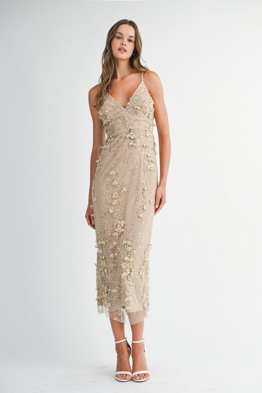Hazel Sequin Floral Embellished V-Neck Bodycon Maxi Dress - Light Taupe