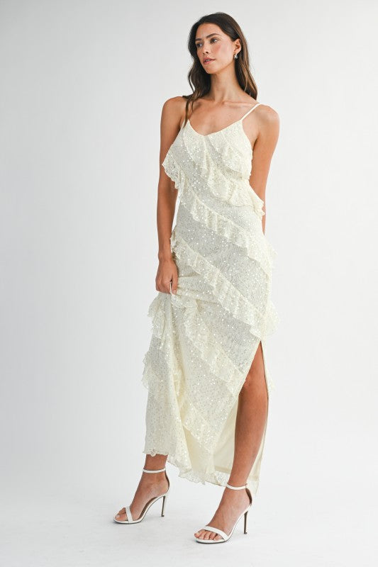 Jade Lace Sequin Ruffle Tiered Maxi Dress - Cream