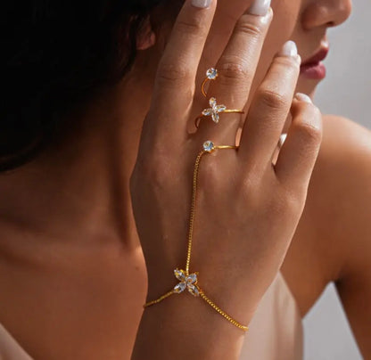 Florentina Four Petal Flower Crystal Hand Chain Bracelet - Gold & Silver
