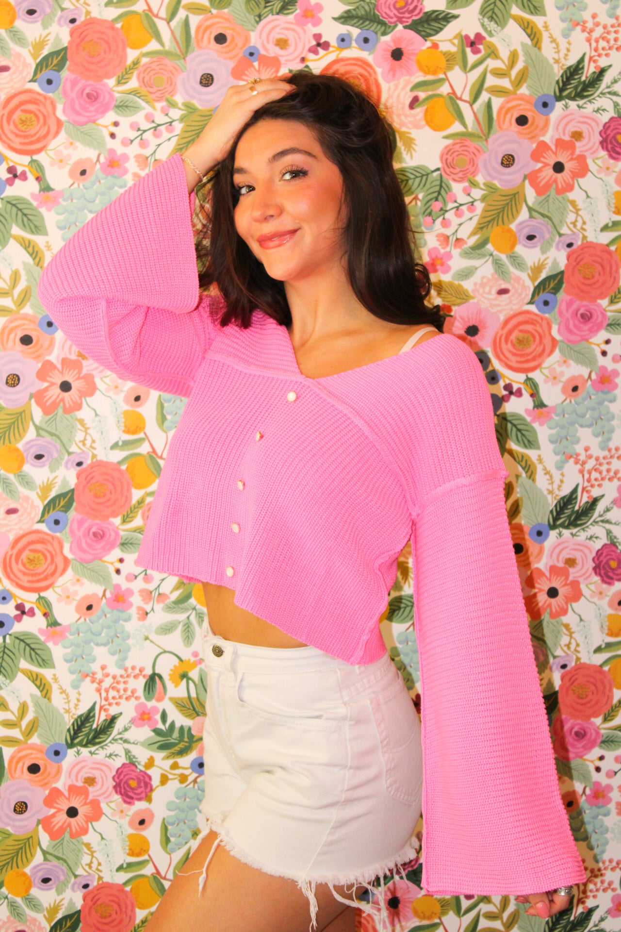 Nova Bell Sleeve Crop Knit Sweater - Hot Pink