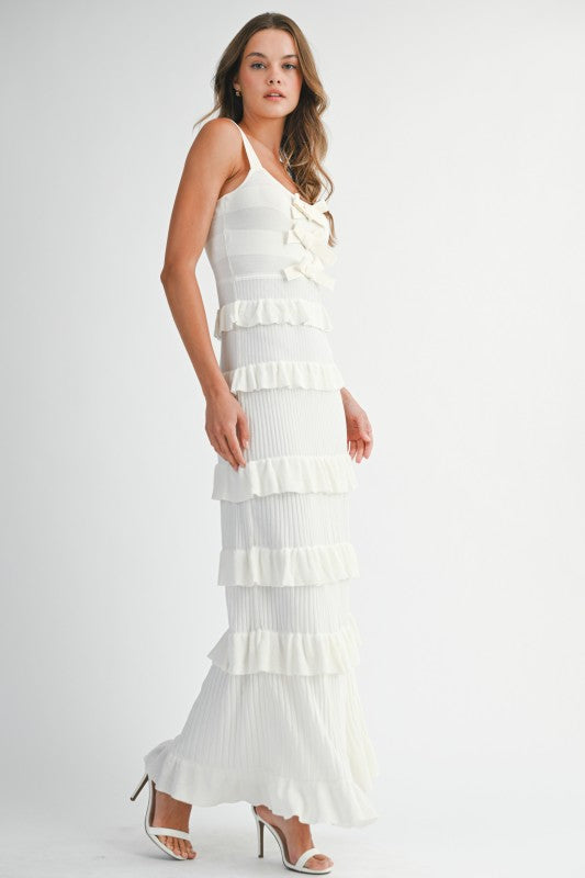 Coco Knit Bow Ruffle Tiered Bodycon Maxi Dress - Off White
