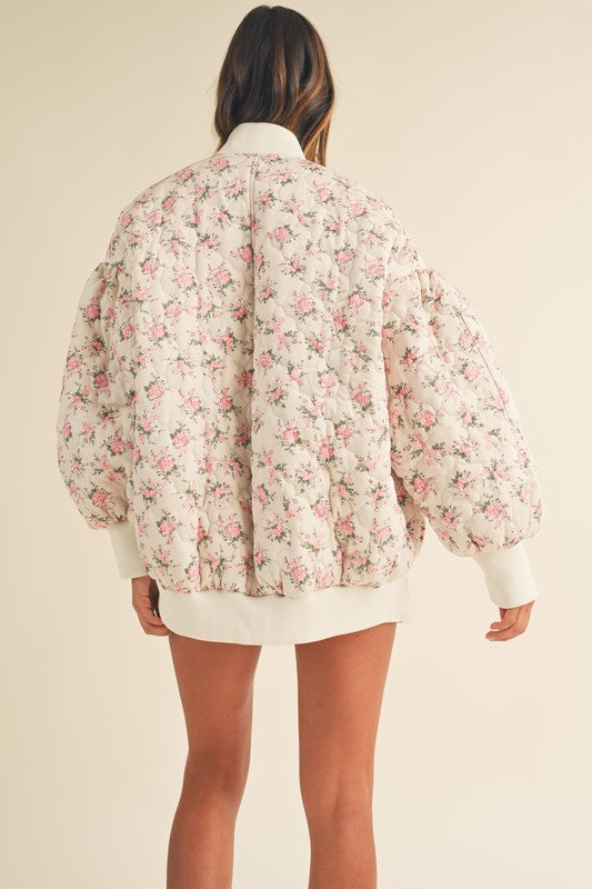 In Bloom Floral Quilted Oversized Bomber Jacket