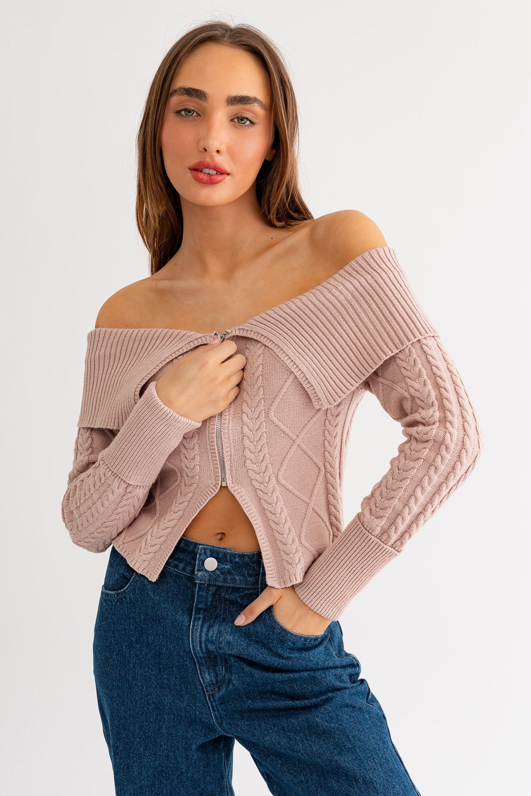 Keep In Touch Cable Knit Sweater Top - Blush