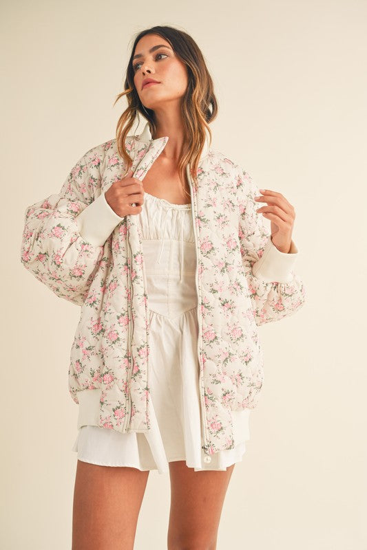 In Bloom Floral Quilted Oversized Bomber Jacket