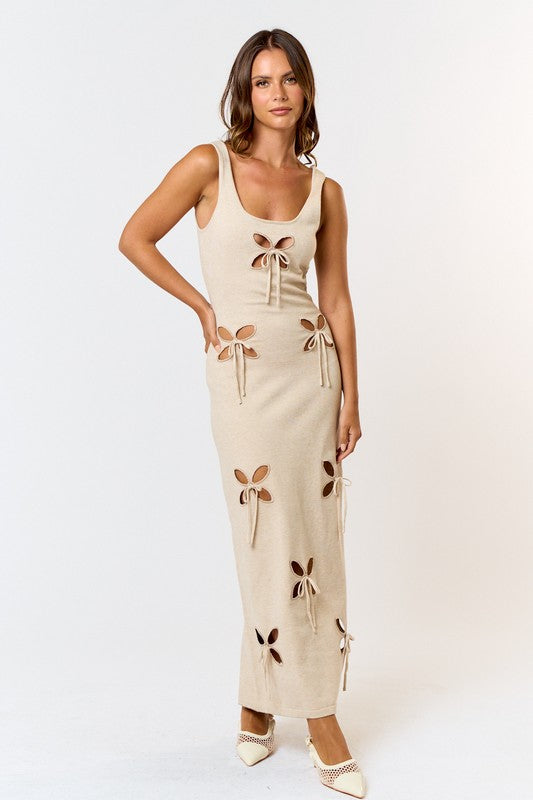 Gemma Flower Cut Out Bow Sweater Maxi Dress - Khaki