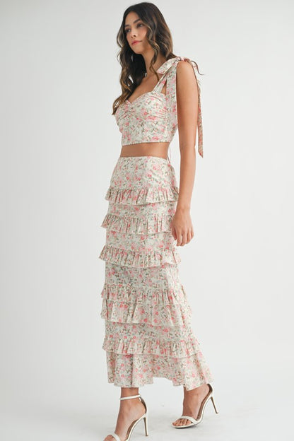 Enchanted Garden Floral Tie Top & Ruffle Tiered Maxi Skirt Set - Pink