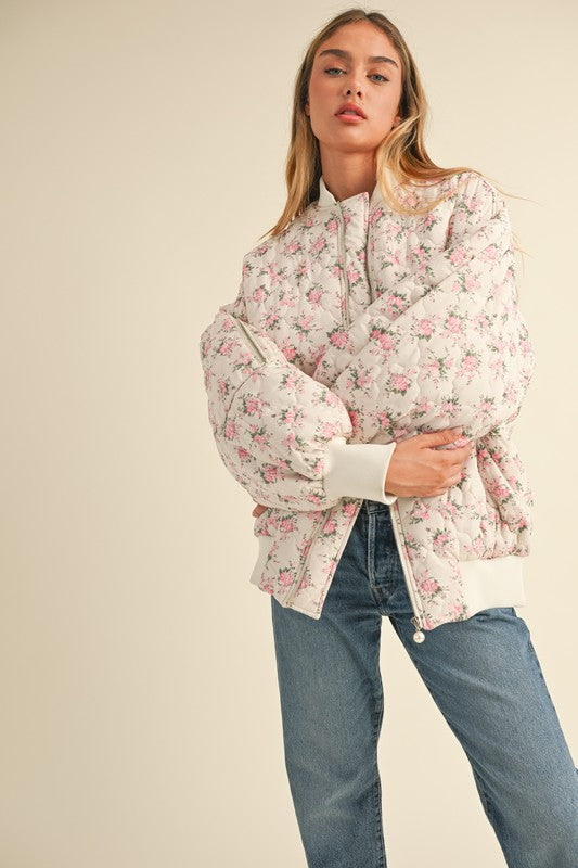 In Bloom Floral Quilted Oversized Bomber Jacket