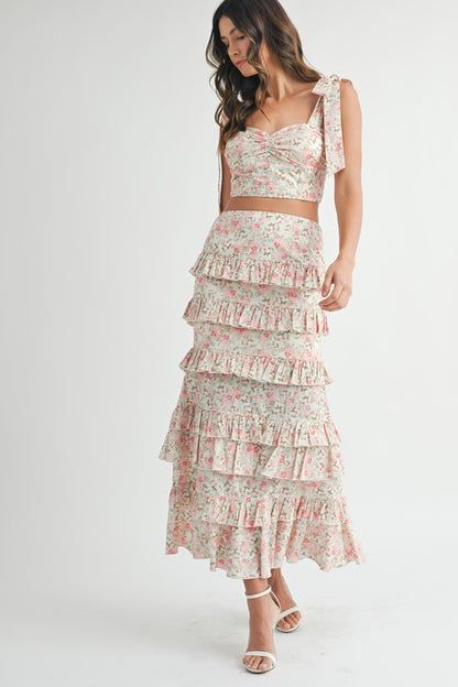 Enchanted Garden Floral Tie Top & Ruffle Tiered Maxi Skirt Set - Pink