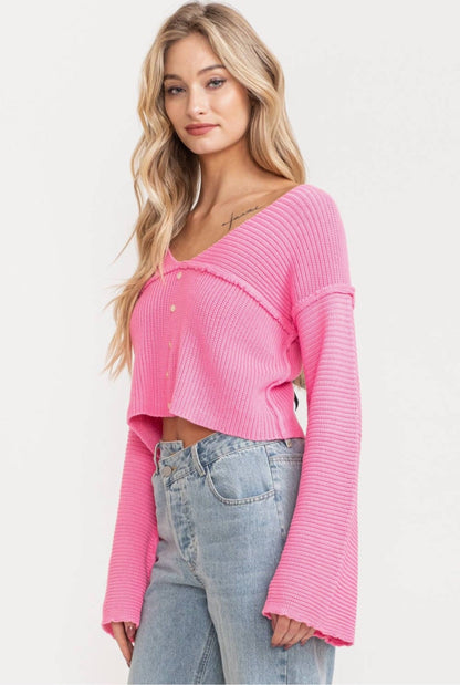 Nova Bell Sleeve Crop Knit Sweater - Hot Pink