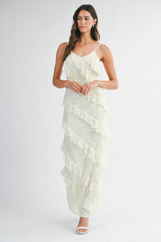 Jade Lace Sequin Ruffle Tiered Maxi Dress - Cream
