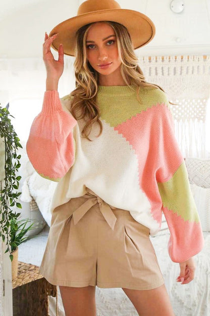 Lauren Oversized Color Block Sweater - Pink/Green