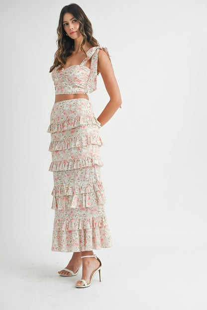 Enchanted Garden Floral Tie Top & Ruffle Tiered Maxi Skirt Set - Pink