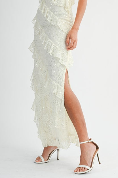 Jade Lace Sequin Ruffle Tiered Maxi Dress - Cream