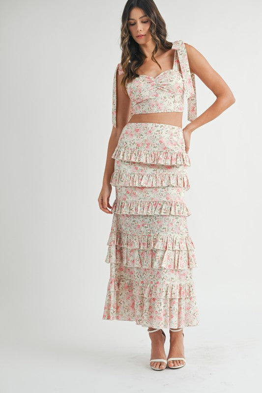 Enchanted Garden Floral Tie Top & Ruffle Tiered Maxi Skirt Set - Pink