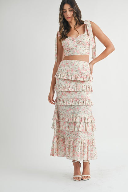 Enchanted Garden Floral Tie Top & Ruffle Tiered Maxi Skirt Set - Pink