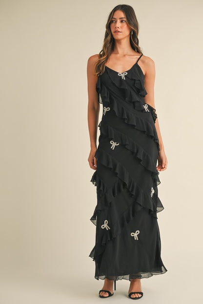 Blaire Ruffle Tiered Bow Rhinestone Maxi Dress - Black