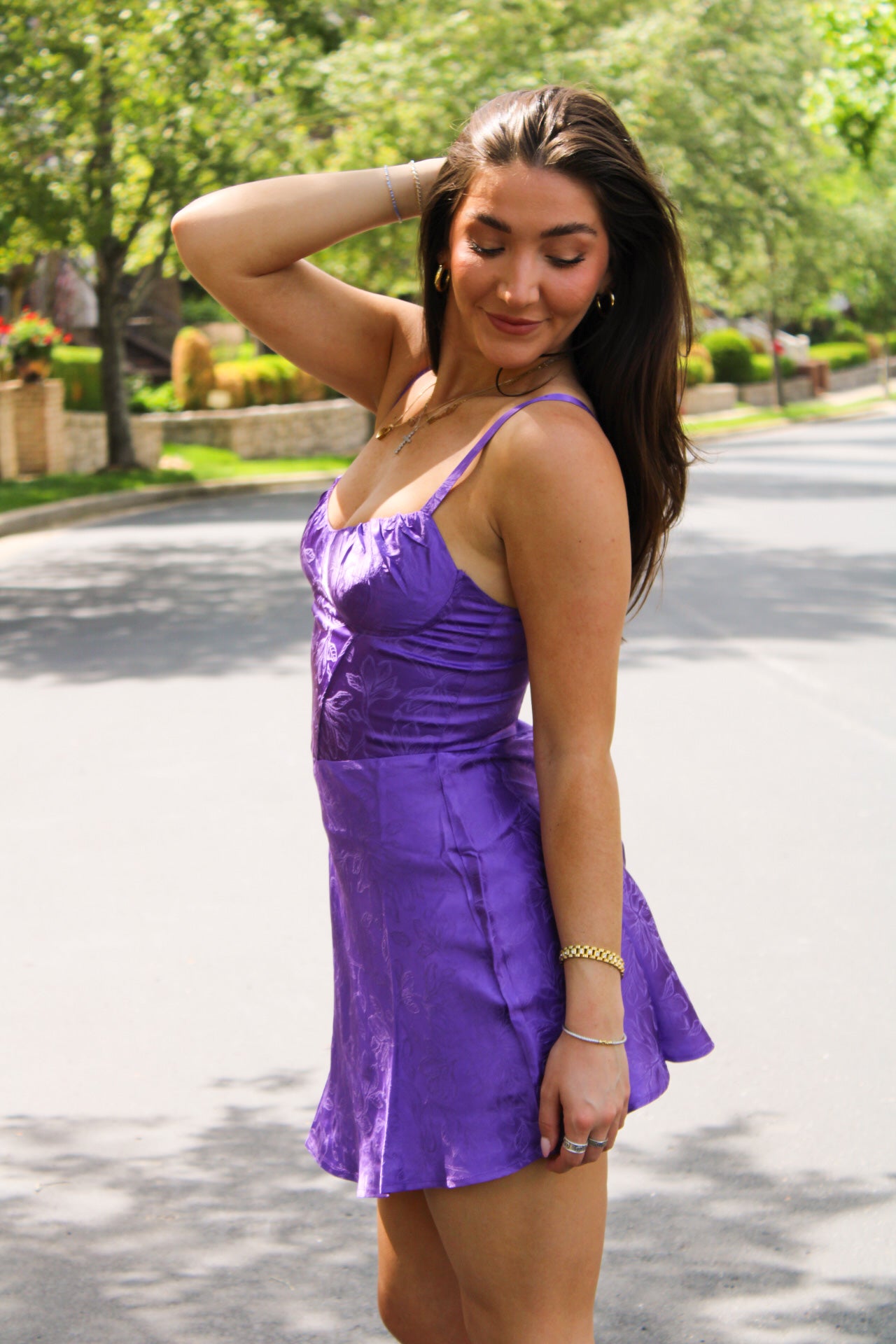 Mystery Aura Floral Satin Mini Dress - Purple