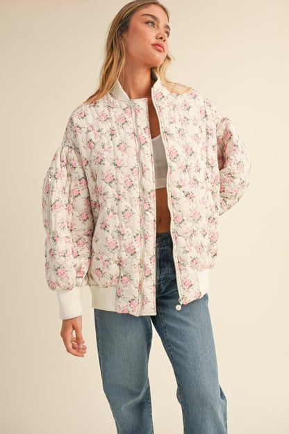 In Bloom Floral Quilted Oversized Bomber Jacket