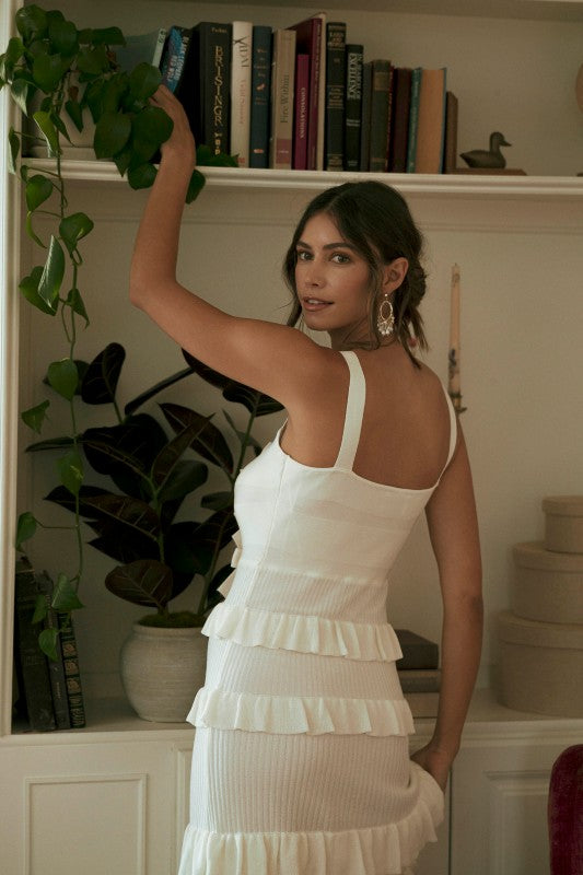 Coco Knit Bow Ruffle Tiered Bodycon Maxi Dress - Off White