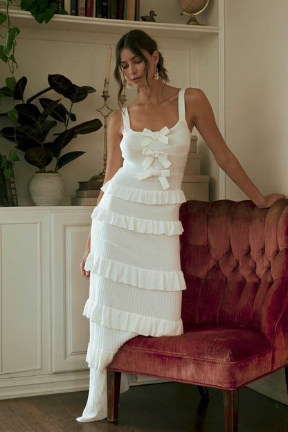Coco Knit Bow Ruffle Tiered Bodycon Maxi Dress - Off White