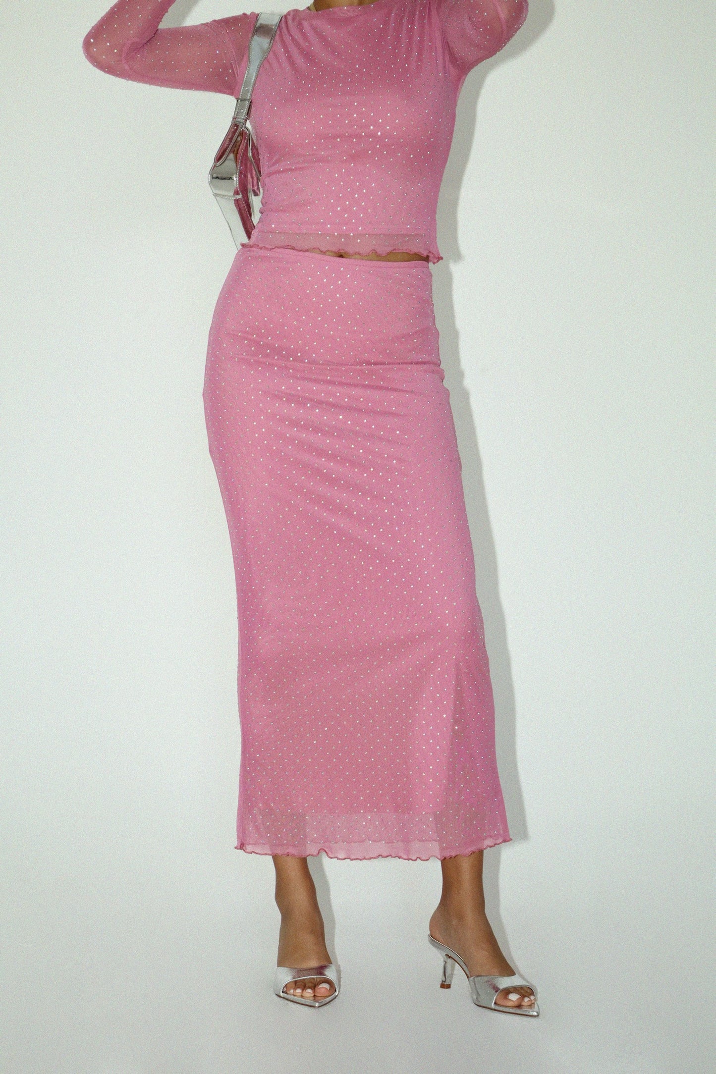 Cosmo Rhinestone Mesh Maxi Skirt - Rose