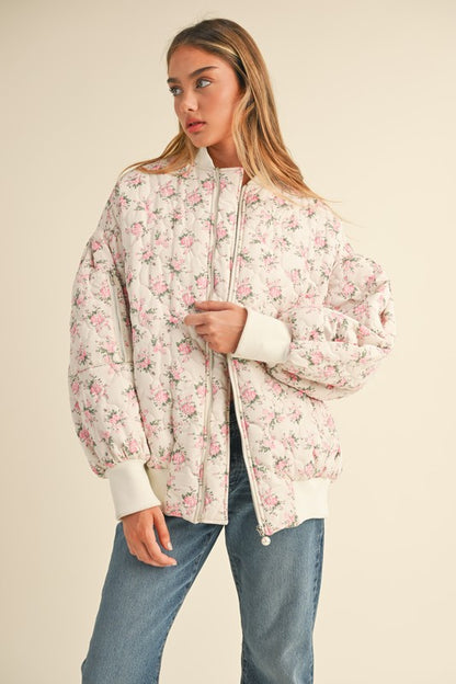 In Bloom Floral Quilted Oversized Bomber Jacket