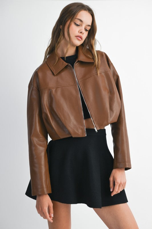 The Bridget Faux Leather Bubble Hem Cropped Bomber Jacket - Brown