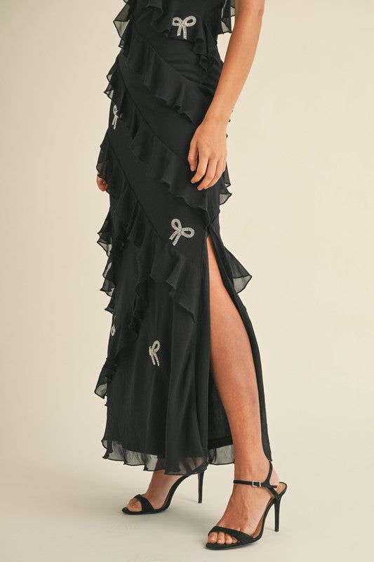 Blaire Ruffle Tiered Bow Rhinestone Maxi Dress - Black