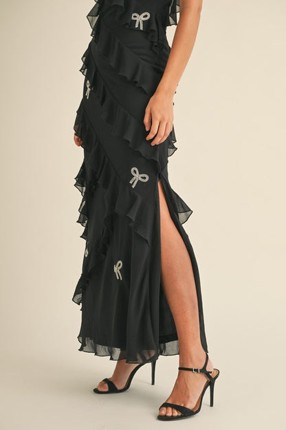 Blair Ruffle Tiered Bow Rhinestone Maxi Dress