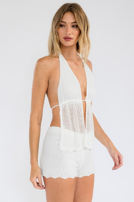 Laguna Beach Crochet Halter Top & Shorts Set - Off White