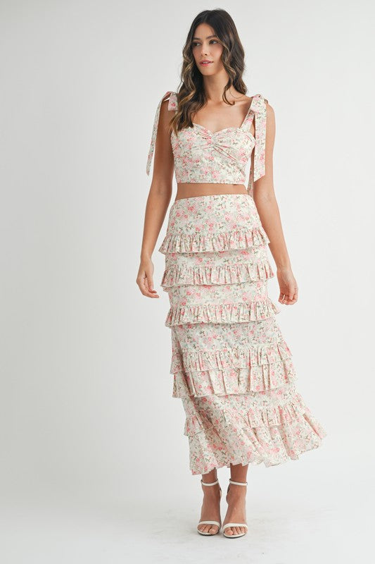 Enchanted Garden Floral Tie Top & Ruffle Tiered Maxi Skirt Set - Pink