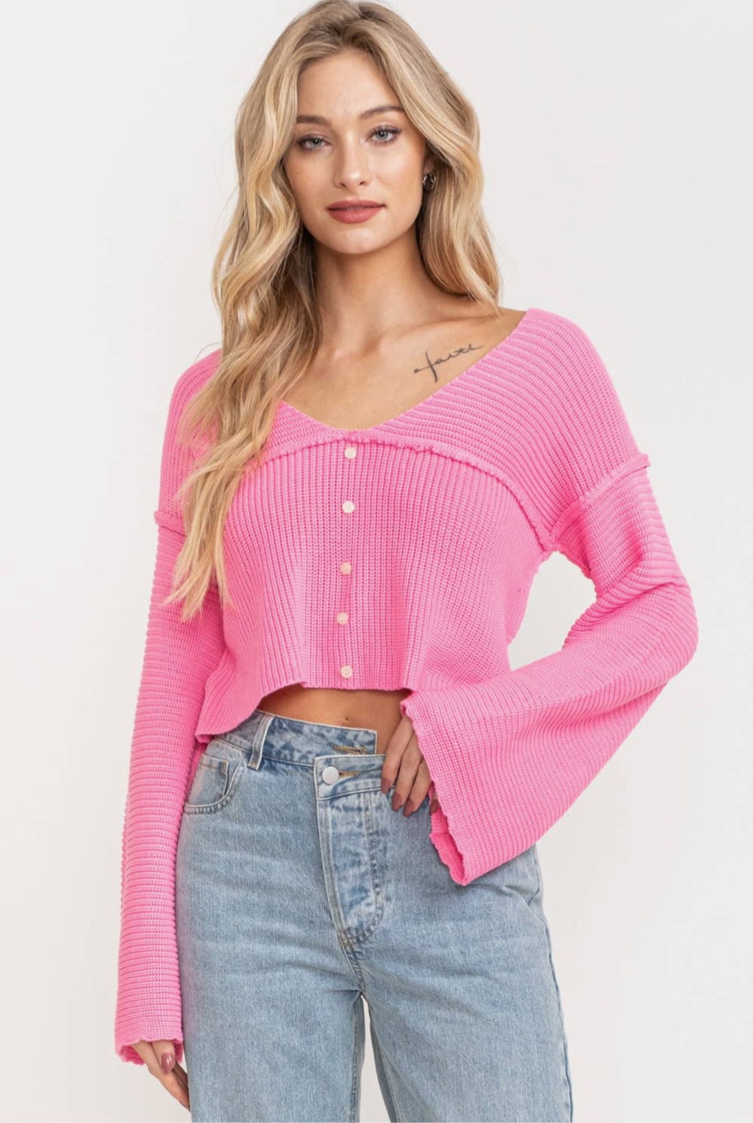 Nova Bell Sleeve Crop Knit Sweater - Hot Pink