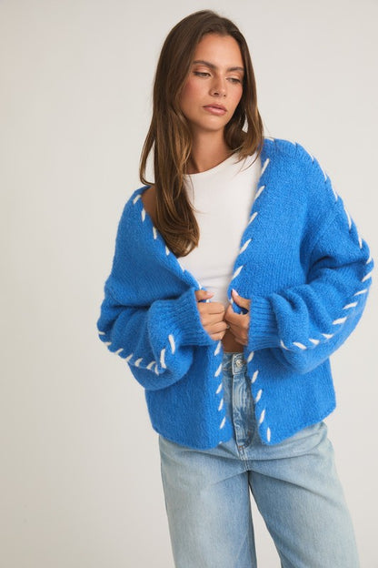 Aspen Stitch Detailed Knit Cardigan - Blue