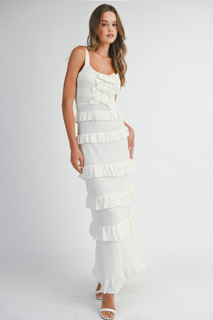 Coco Knit Bow Ruffle Tiered Bodycon Maxi Dress - Off White