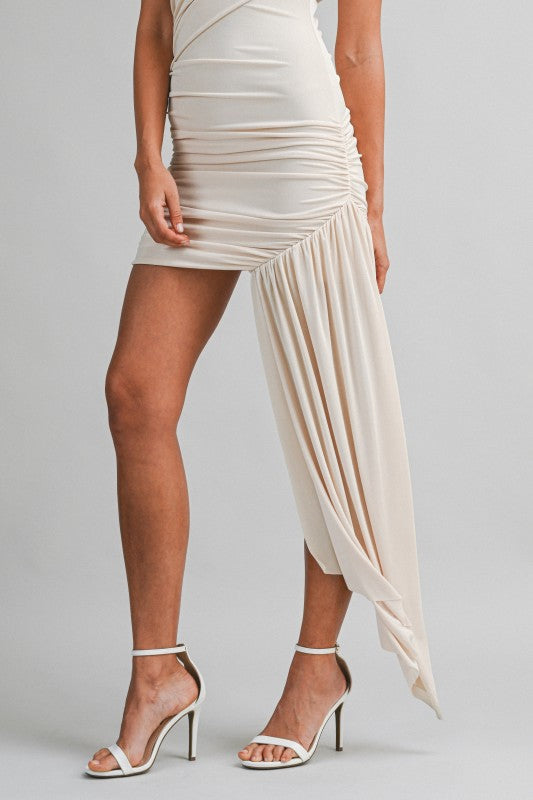 Miss Trendsetter One Shoulder Mock Neck Ruched Mini Dress - Cream