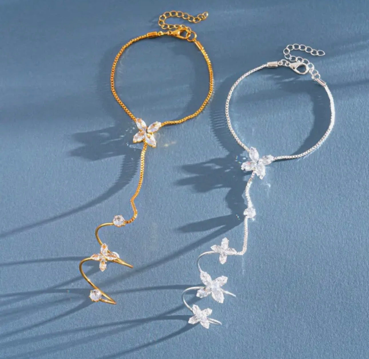 Florentina Four Petal Flower Crystal Hand Chain Bracelet - Gold & Silver