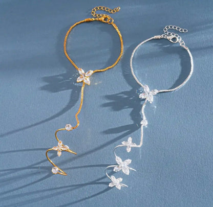 Florentina Four Petal Flower Crystal Hand Chain Bracelet - Gold & Silver