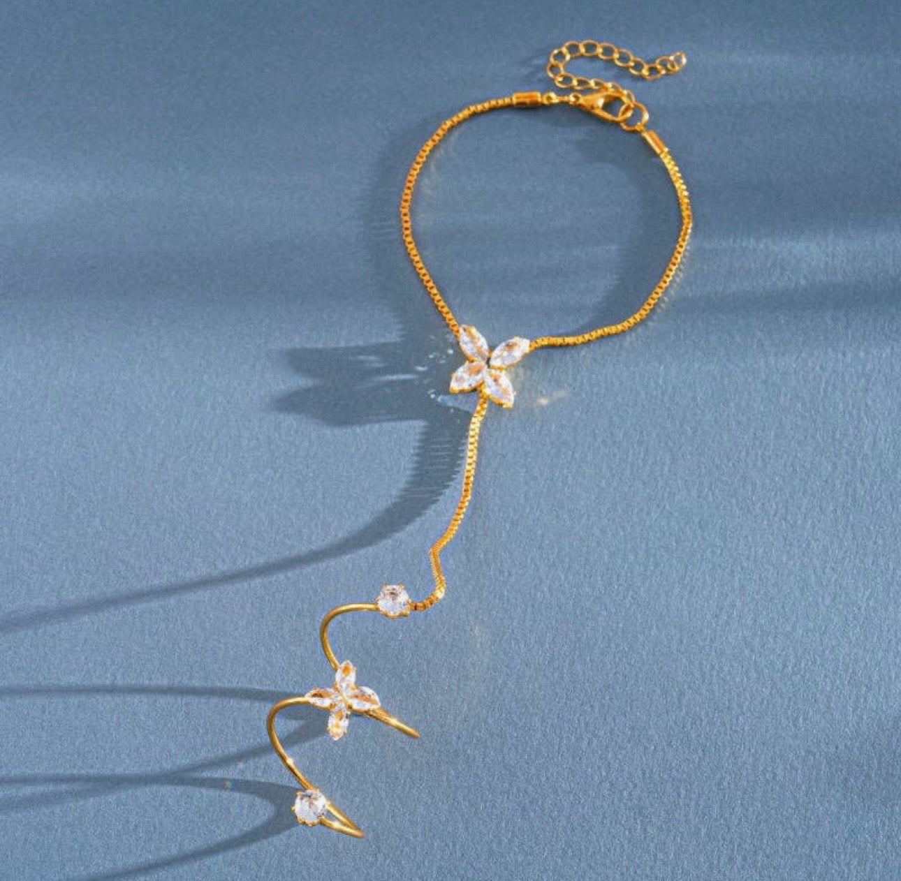 Florentina Four Petal Flower Crystal Hand Chain Bracelet - Gold & Silver