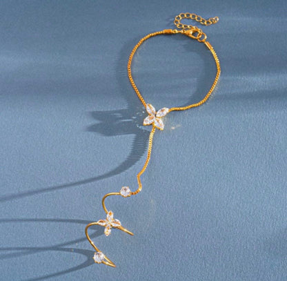 Florentina Four Petal Flower Crystal Hand Chain Bracelet - Gold & Silver