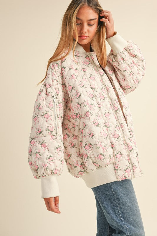 In Bloom Floral Quilted Oversized Bomber Jacket