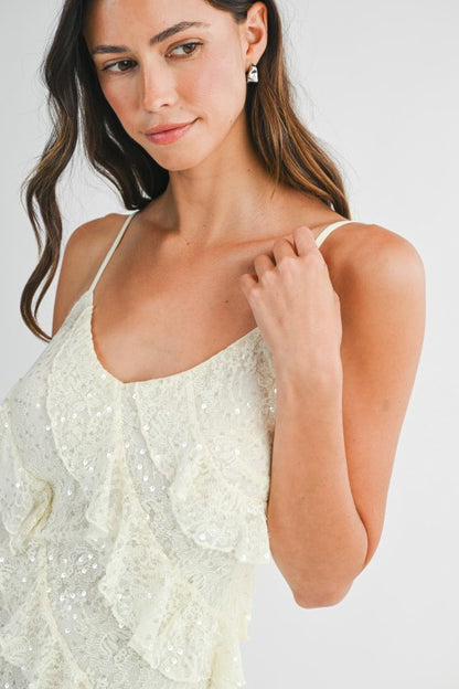 Jade Lace Sequin Ruffle Tiered Maxi Dress - Cream
