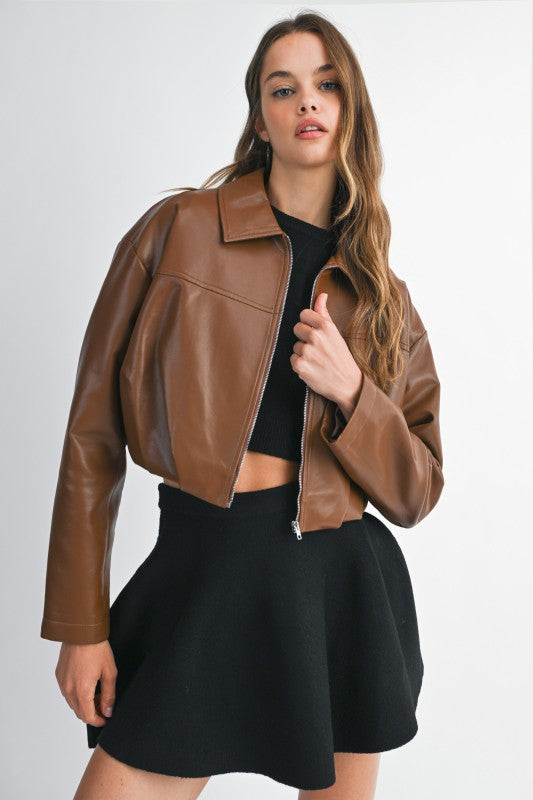 The Bridget Faux Leather Bubble Hem Cropped Bomber Jacket - Brown