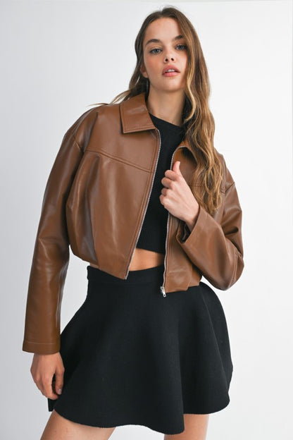 The Bridget Faux Leather Bubble Hem Cropped Bomber Jacket - Brown