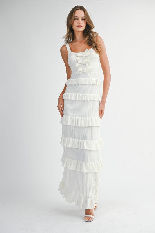 Coco Knit Bow Ruffle Tiered Bodycon Maxi Dress - Off White