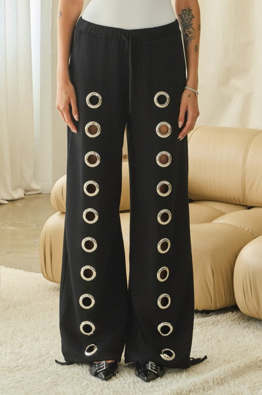 Sypris Oversized Grommet Detail French Terry Wide Leg Sweatpants - Black