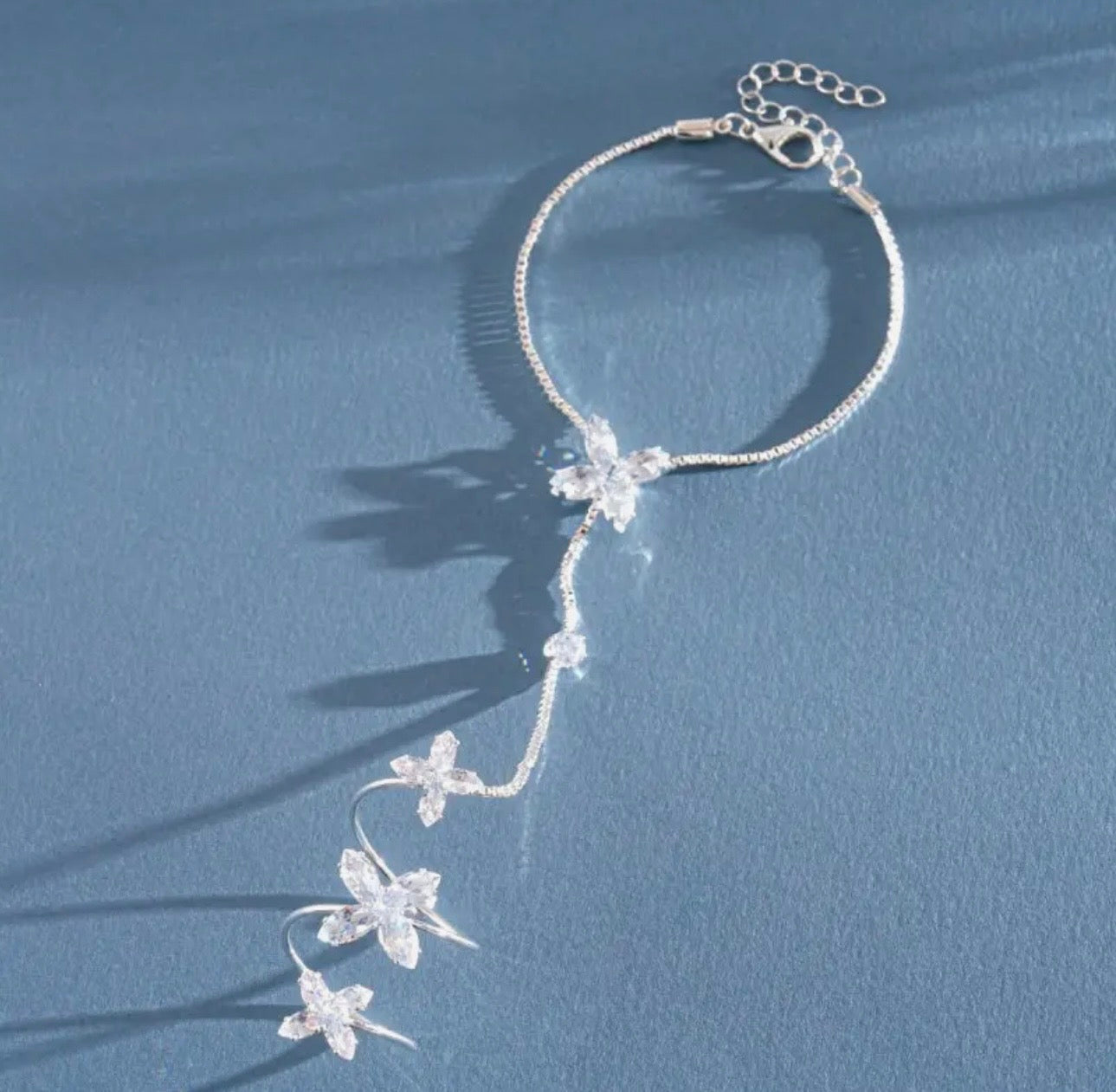 Florentina Four Petal Flower Crystal Hand Chain Bracelet - Gold & Silver
