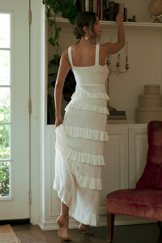 Coco Knit Bow Ruffle Tiered Bodycon Maxi Dress - Off White