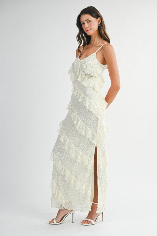 Jade Lace Sequin Ruffle Tiered Maxi Dress - Cream